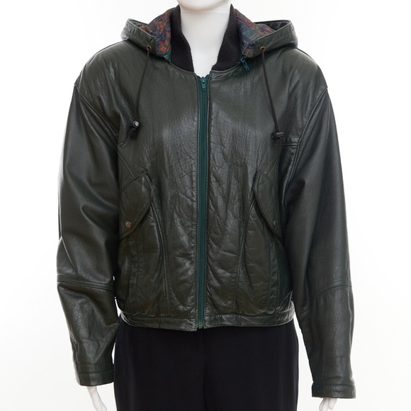 80’s Green leather bomber jacket with hoodie - Picture 3 of 9